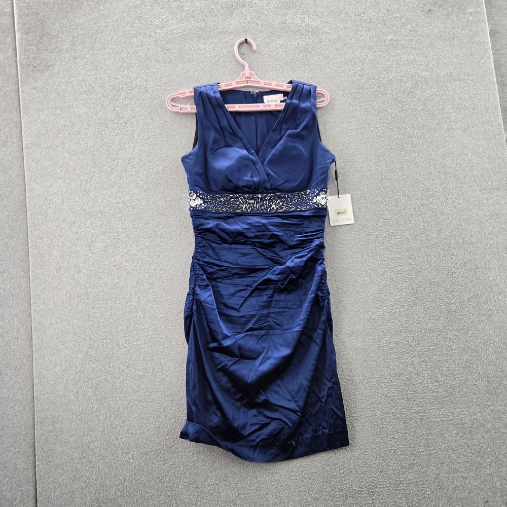 Calvin Klein Women Dress 8P Blue Sheath Satin Cocktail Rhinestones NWT